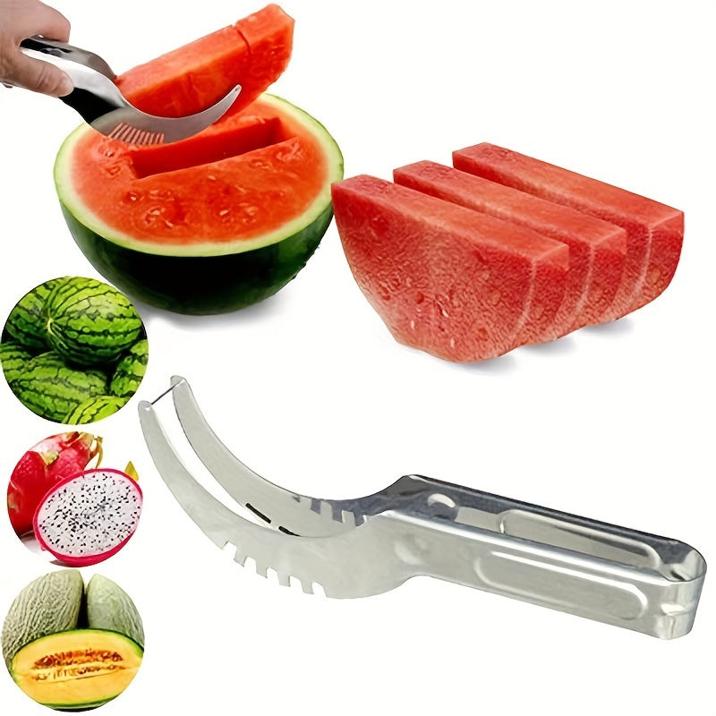 Stainless steel fruit slicer for cutting watermelon and cantaloupe quickly and easily.