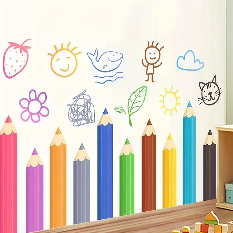 Playful cartoon wall stickers featuring school supplies for kids' rooms.