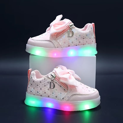 2024 Spring/Summer Collection Girls' LED Fashion Sneakers with Heart Pattern, Bow Detail, and Zipper Closure. Suitable for Ages 14 and Under.