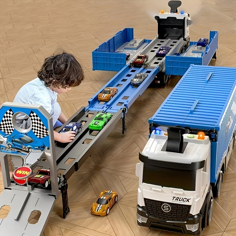 Truck Transporter with Flashing Lights, Launching Race Track, 8 Die-Cast Cars, Battery Powered, Friction Push/Pull-back Operation, Space/Military Themed Playset for Ages 3-6.