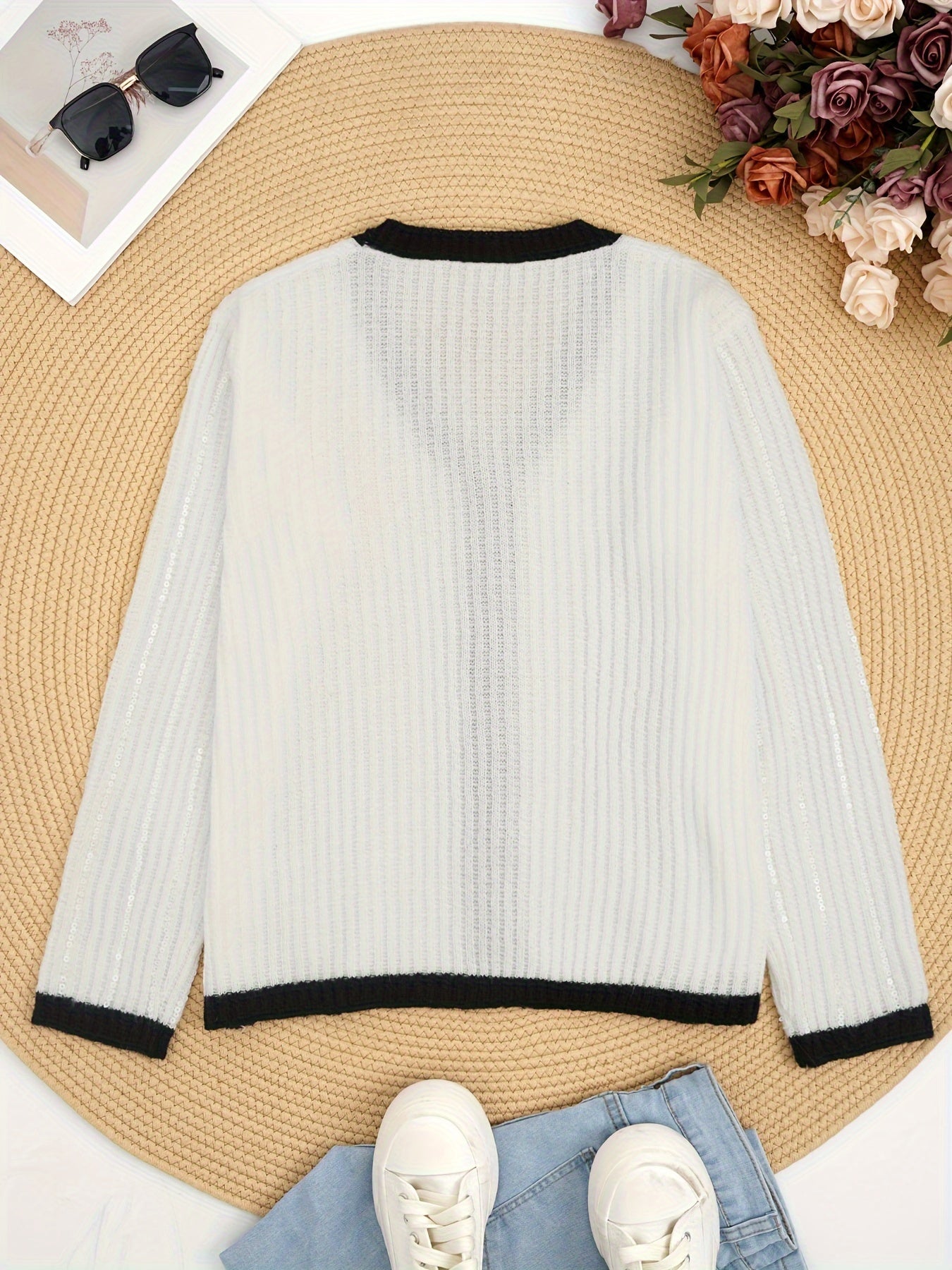 Stylish beaded knit cardigan for women - cozy, casual design in solid color, ideal for autumn/winter.