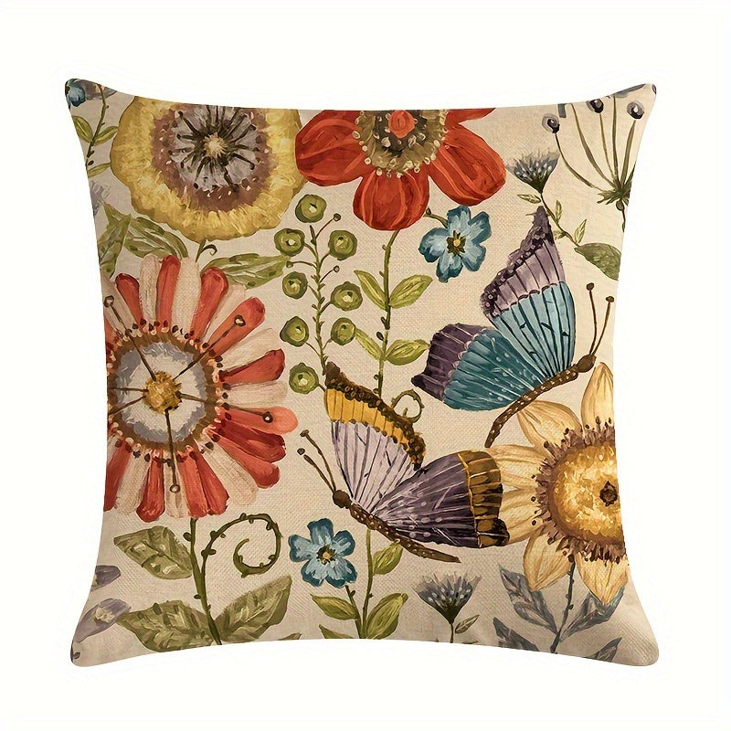 Mexican elements linen blend throw pillow case, featuring butterflies and flowers. Single-sided print, no pillow insert. Size: 45.72x45.72cm. Perfect for living room, bedroom, couch, or sofa décor.