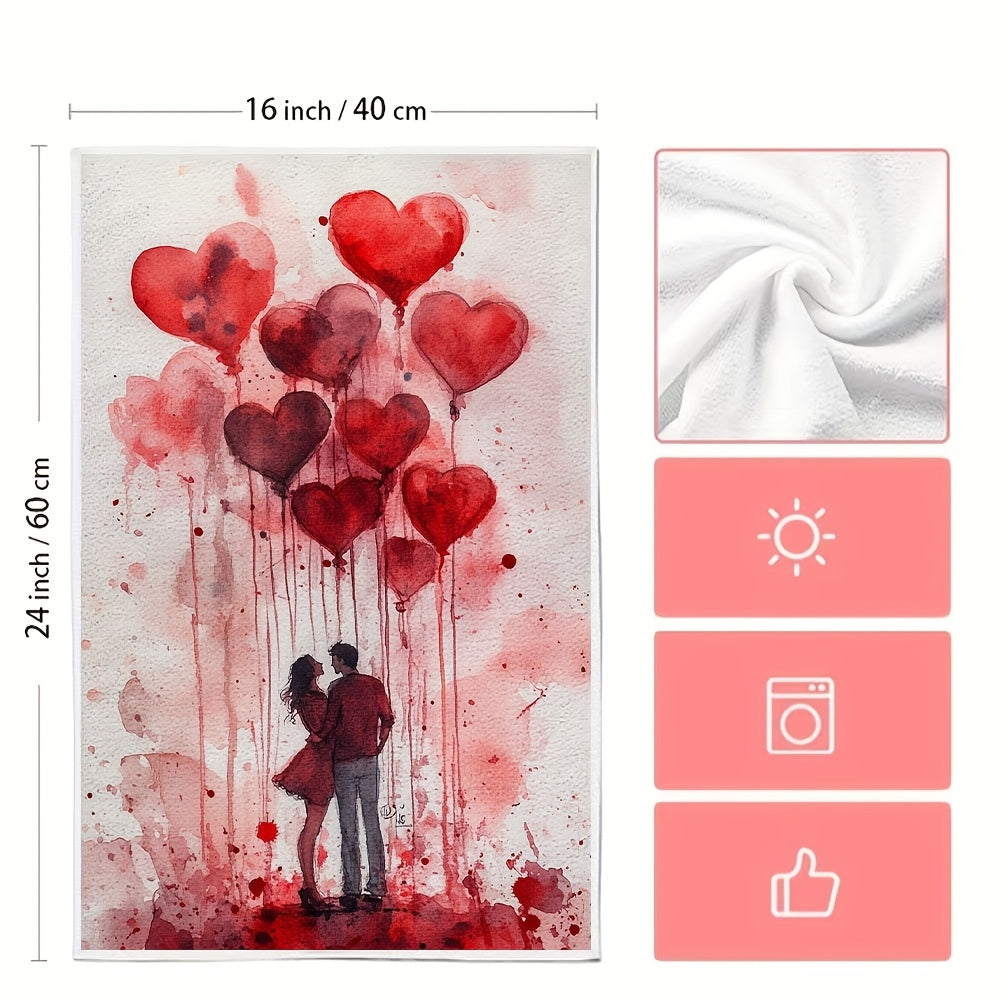 Two pieces of Romantic Valentine's Day kitchen towels made from ultra soft and highly absorbent polyester. Each towel measures 40.64x60.96 cm and is machine washable. Featuring a festive heart balloons design, these towels are perfect for adding some