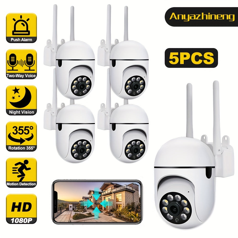 Five high-definition outdoor security cameras featuring auto tracking, night vision, motion alerts, and two-way audio. Can connect to 2.4GHz WiFi for remote viewing from a smartphone, suitable for both indoor and outdoor use.