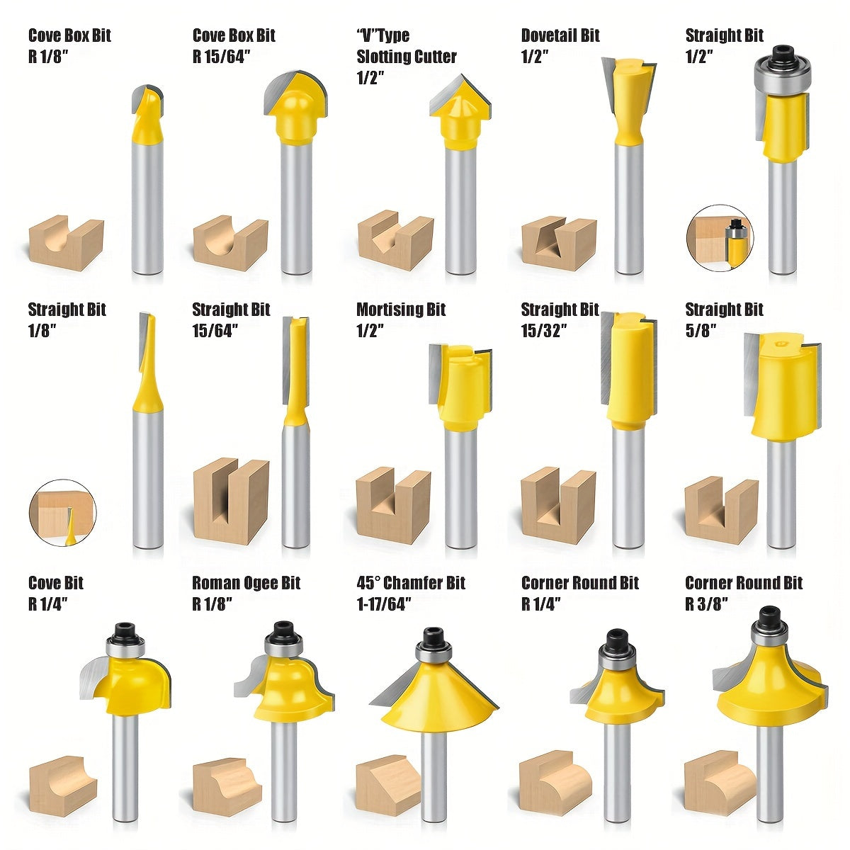 Set of 15 6mm router bits with 1/4" and 8mm shanks for woodworking in a wooden case. Ideal for trimming, slotting, and engraving wood with tungsten carbide milling cutters.