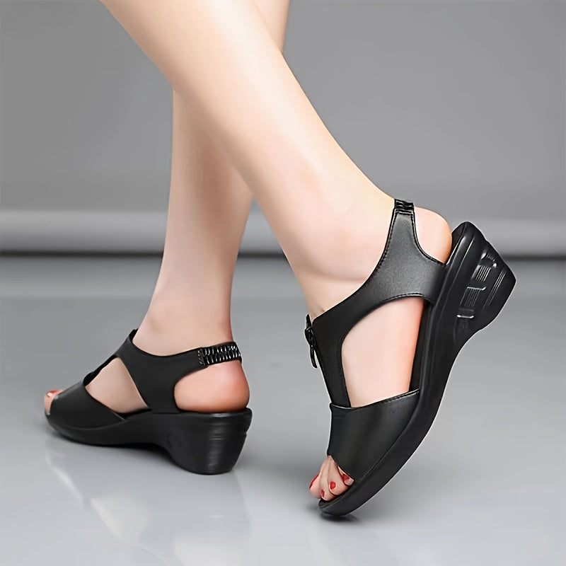 Women's wedge sandals with front zipper and peep toe design for casual outdoor wear.