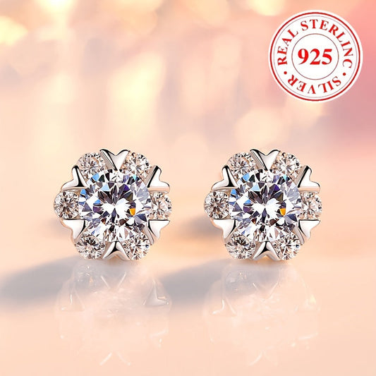 925 Sterling Silver Sparkling Stud Earrings with Flower Design, Hypoallergenic Zirconia Inlay- Delicate Christmas Gift for Women