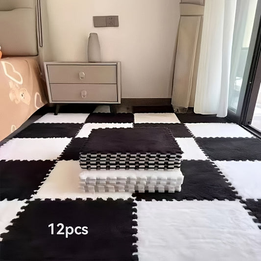 12pcs Square Flower Pattern Plush Area Rug Set, Thick Polyester & EVA, Machine Made, Low Pile, Washable, Non-Slip Backing, Great for Bedroom, Living Room, Holiday Decor.