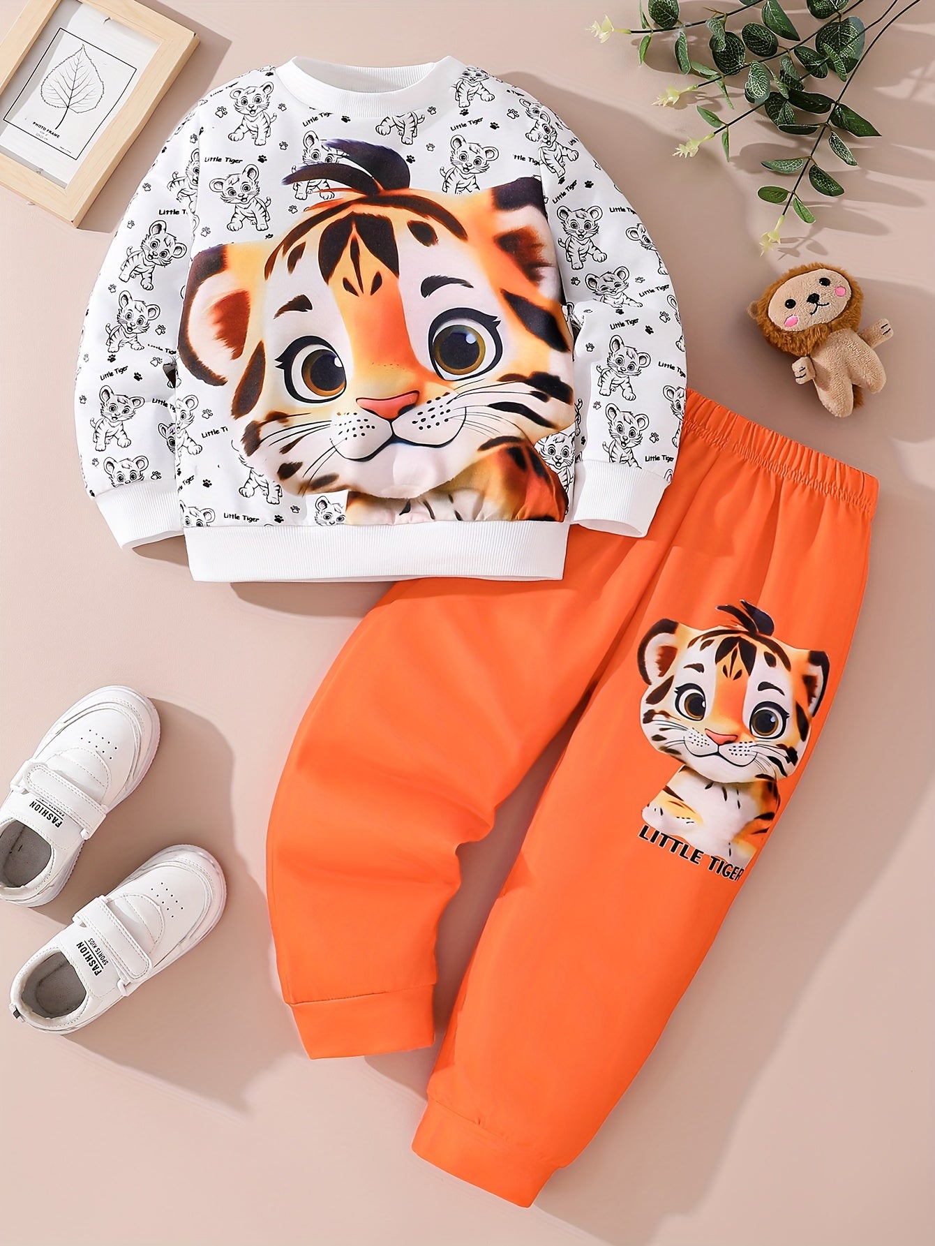 Cute Tiger Print Sweatshirt Set, Polyester Blend, Knit Fabric – Ideal for Spring/Autumn Gift, 2pcs Set for Outdoor Wear