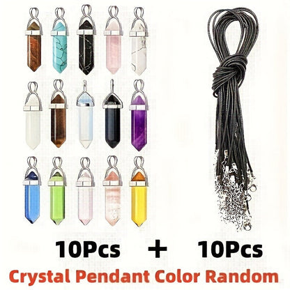 Set of 20 Artificial Crystal Hexagonal Column Quartz Pendants with Synthetic Gemstone Charms, Adjustable Leather Necklace Cords, Complete with Storage Bag for DIY Jewelry Making. Perfect for Gift Giving.