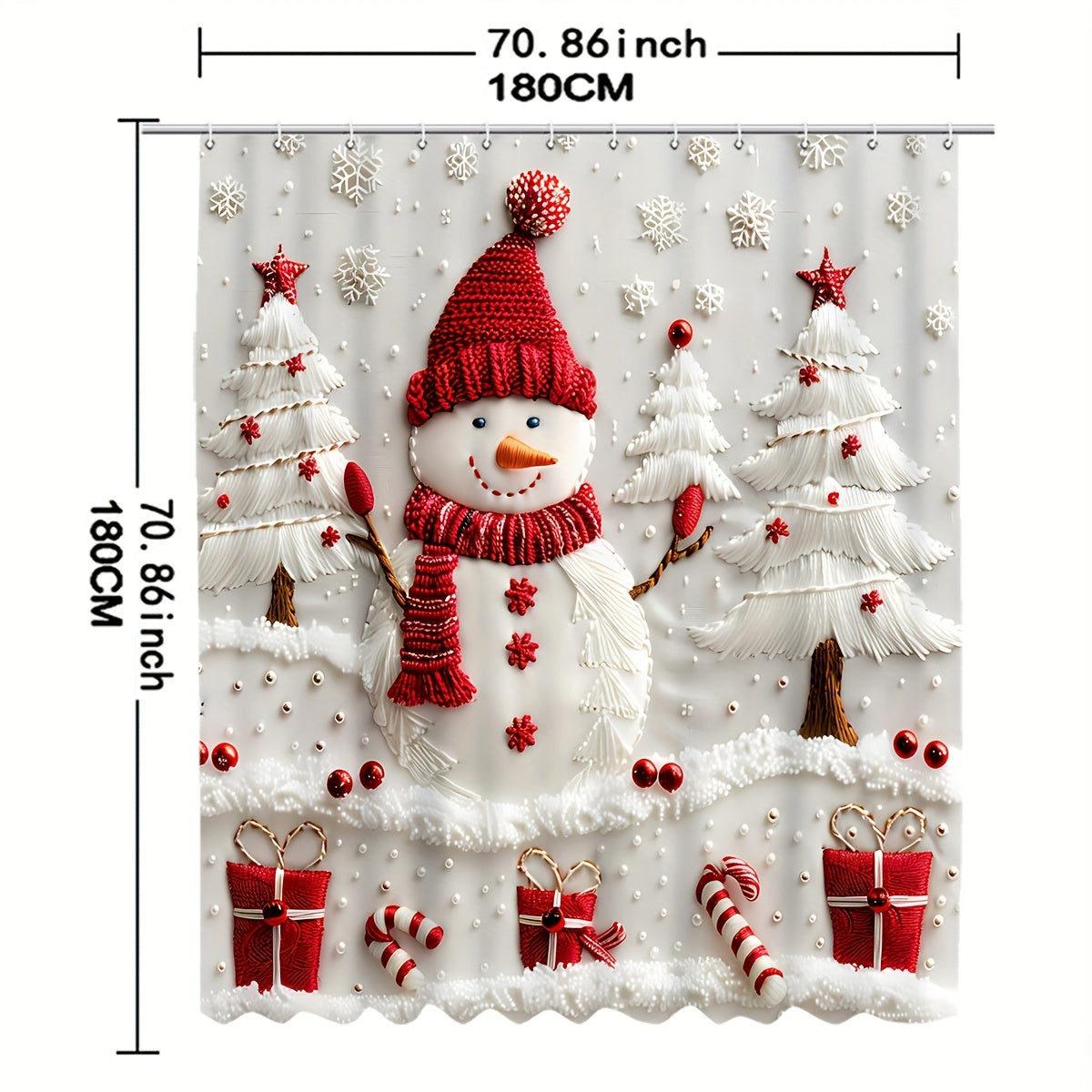 Christmas snowman shower curtain set with bath mat, toilet lid cover, and rug made of polyester fabric featuring a digital print design. Waterproof and cordless design with 12 hooks included.