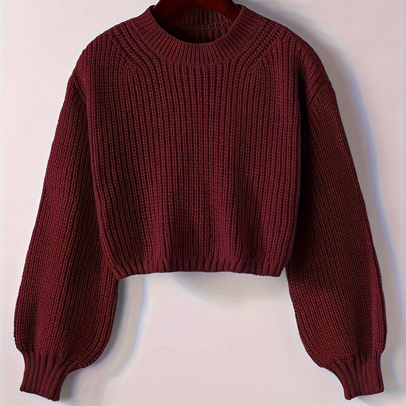 Solid color crew neck knit sweater, casual long sleeve crop pullover for fall & winter, women's clothing.