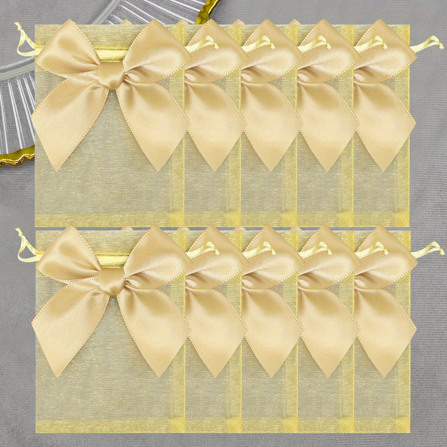 10 elegant organza bags with ribbon and bow, ideal for gift wrapping and party favors.