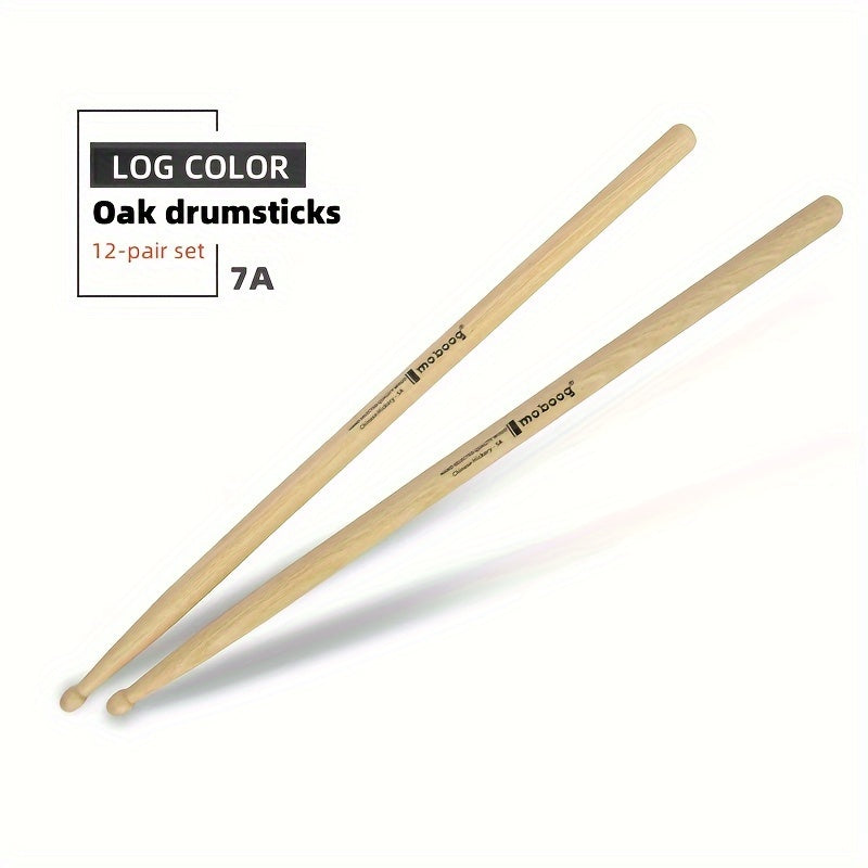 Set of 12 pairs of 5A/7A oak drumsticks for percussion instruments, jazz drumming, and electronic drums. Premium wood grain design for beginners and professional drummers. Labeled as