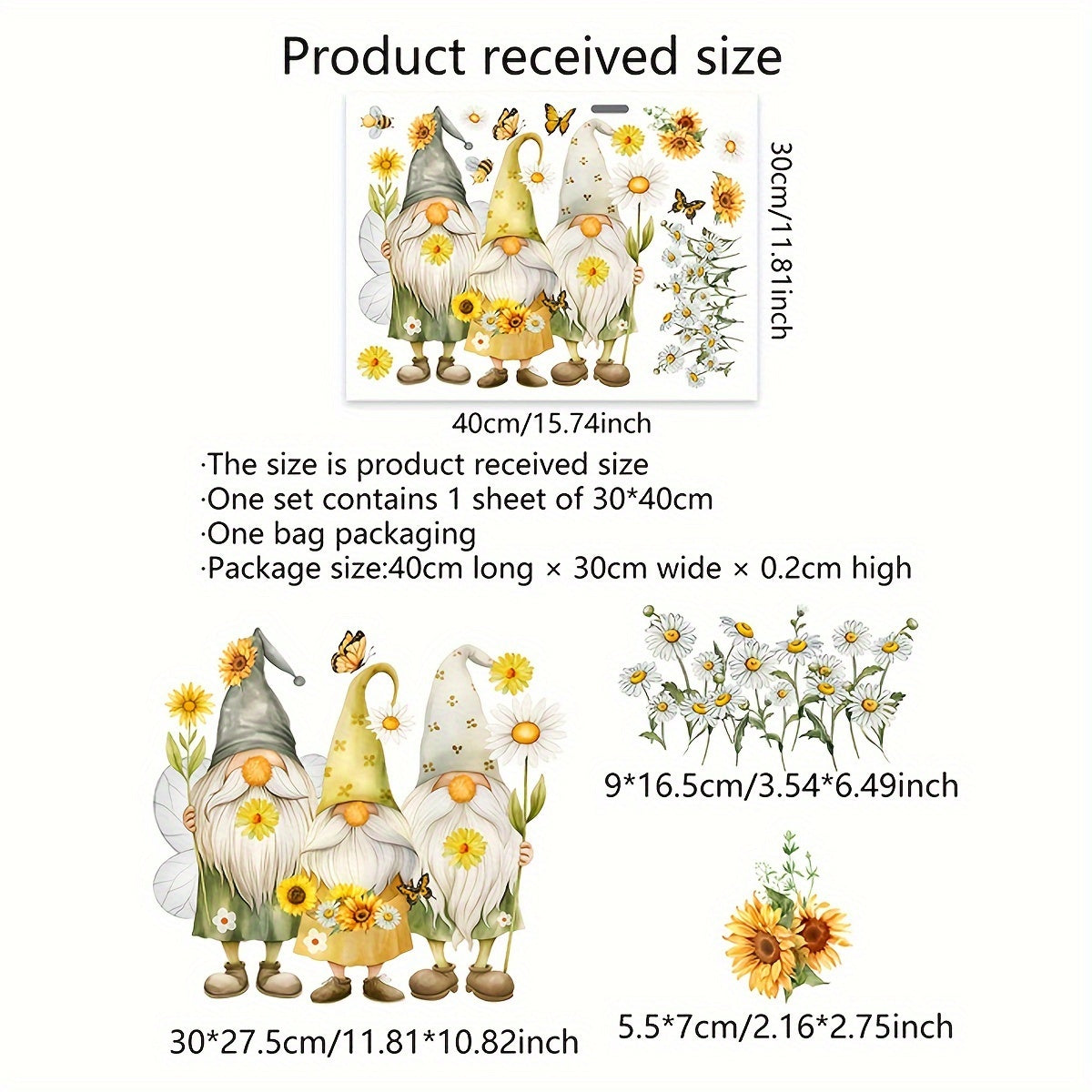 Add a touch of whimsy with this charming Bee & Gnome Elder Sunflower Daisy Electrostatic Window Cling. Made of durable, double-sided, reusable PVC sticker that is 5mil thick for vibrant home decor. Featuring a playful Gnome design and Sunflower Daisy