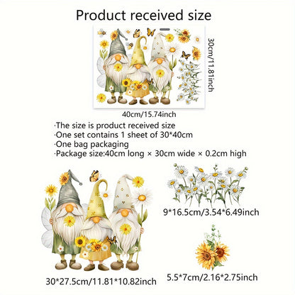 Add a touch of whimsy with this charming Bee & Gnome Elder Sunflower Daisy Electrostatic Window Cling. Made of durable, double-sided, reusable PVC sticker that is 5mil thick for vibrant home decor. Featuring a playful Gnome design and Sunflower Daisy