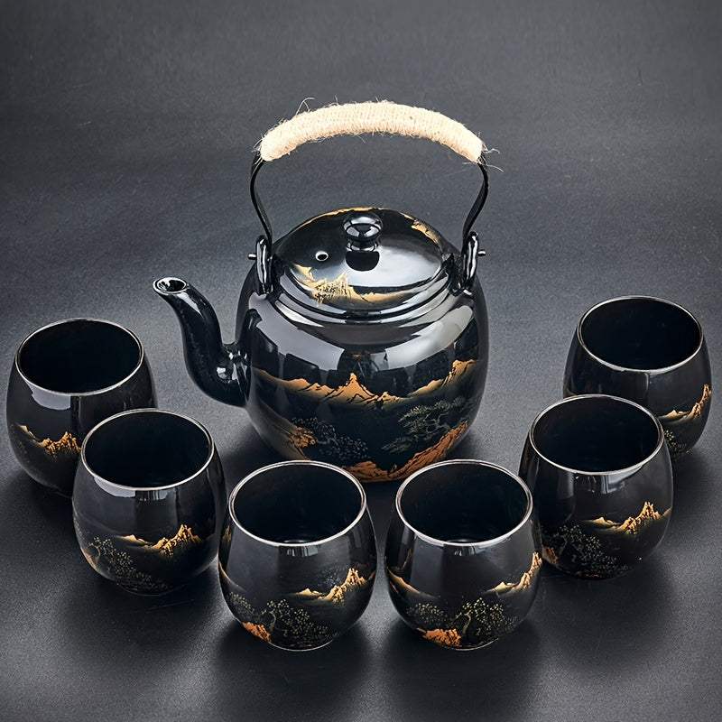 1 Set 7/8pcs Black Exquisite Large Capacity Tea Set in Simple Japanese Style Ceramic for Home or Office Gift, with Handle Teapot and Teacups, 27oz/6oz.