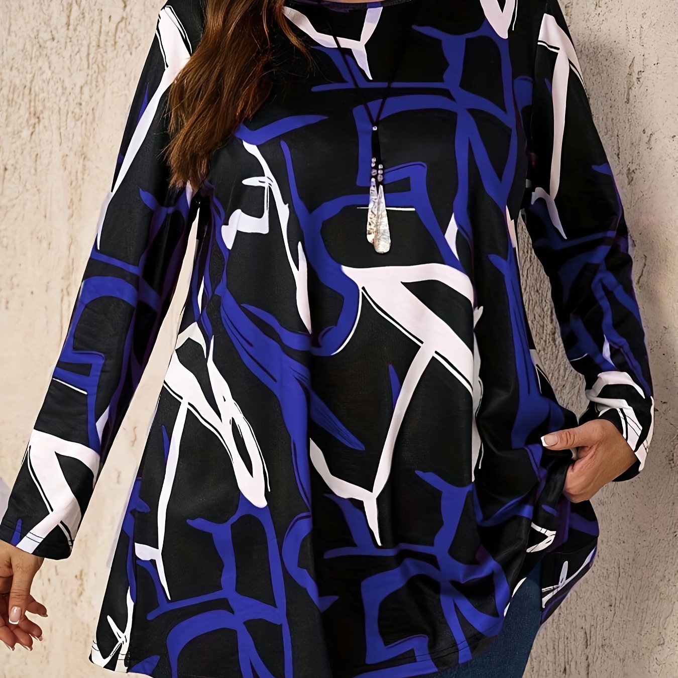 Women's Plus Size Color Block Print Crew Neck T-shirt, Casual Long Sleeve Top for Spring & Fall