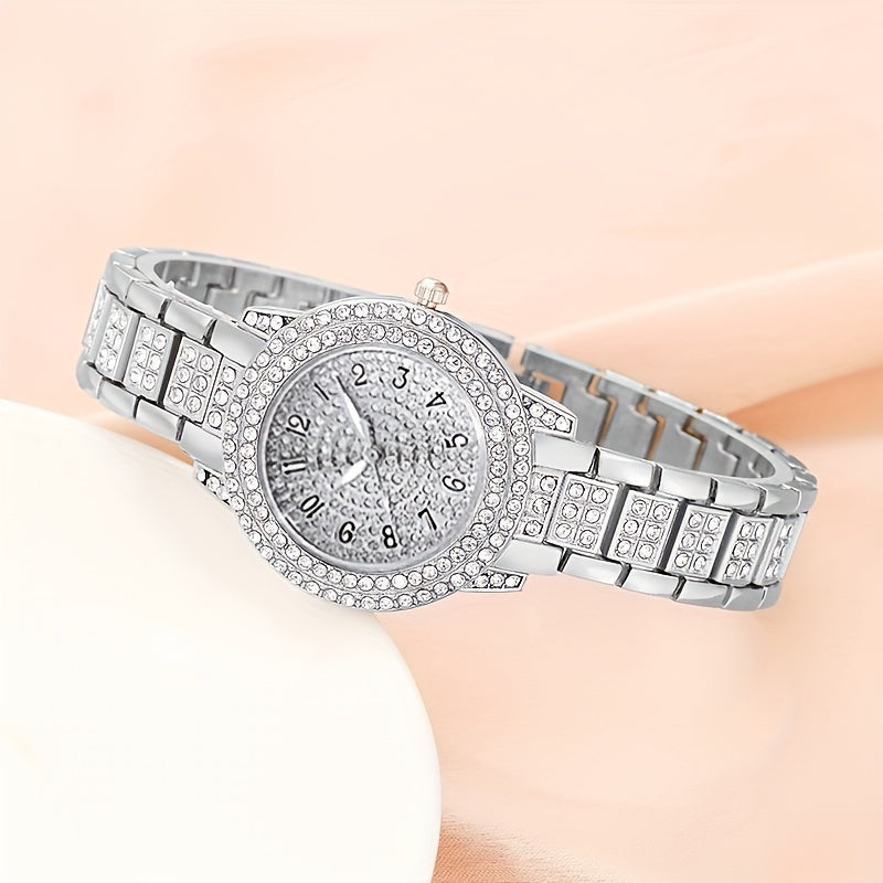 Set includes 7 chic women's fashion accessories: watch, necklace, bracelet, ring, and earrings with alloy band and non-rechargeable battery.