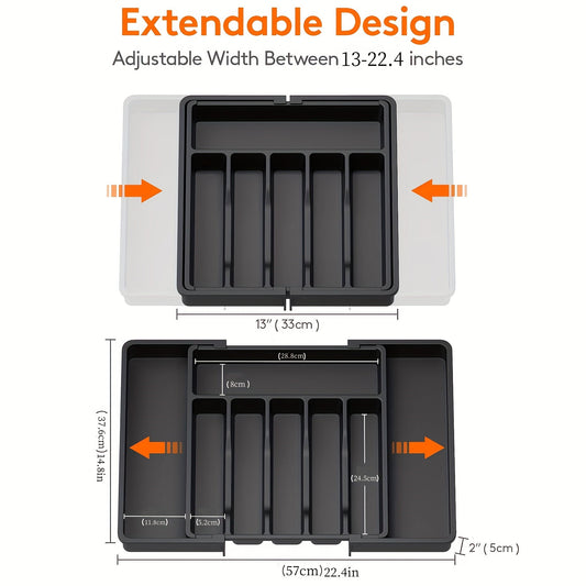 Flatware Organizers with Retractable Cutlery Storage Box - Extendable Large Capacity Utensil Storage Holder for Drawer, Counter, and Cabinet - Kitchen Organizers and Storage Accessories