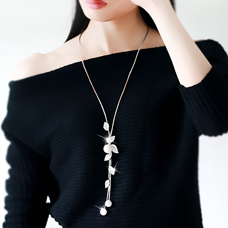 Long Sweater Chain Necklace with Imitation Pearl Leaf Tassel Pendant, Feminine Clothing Accessory