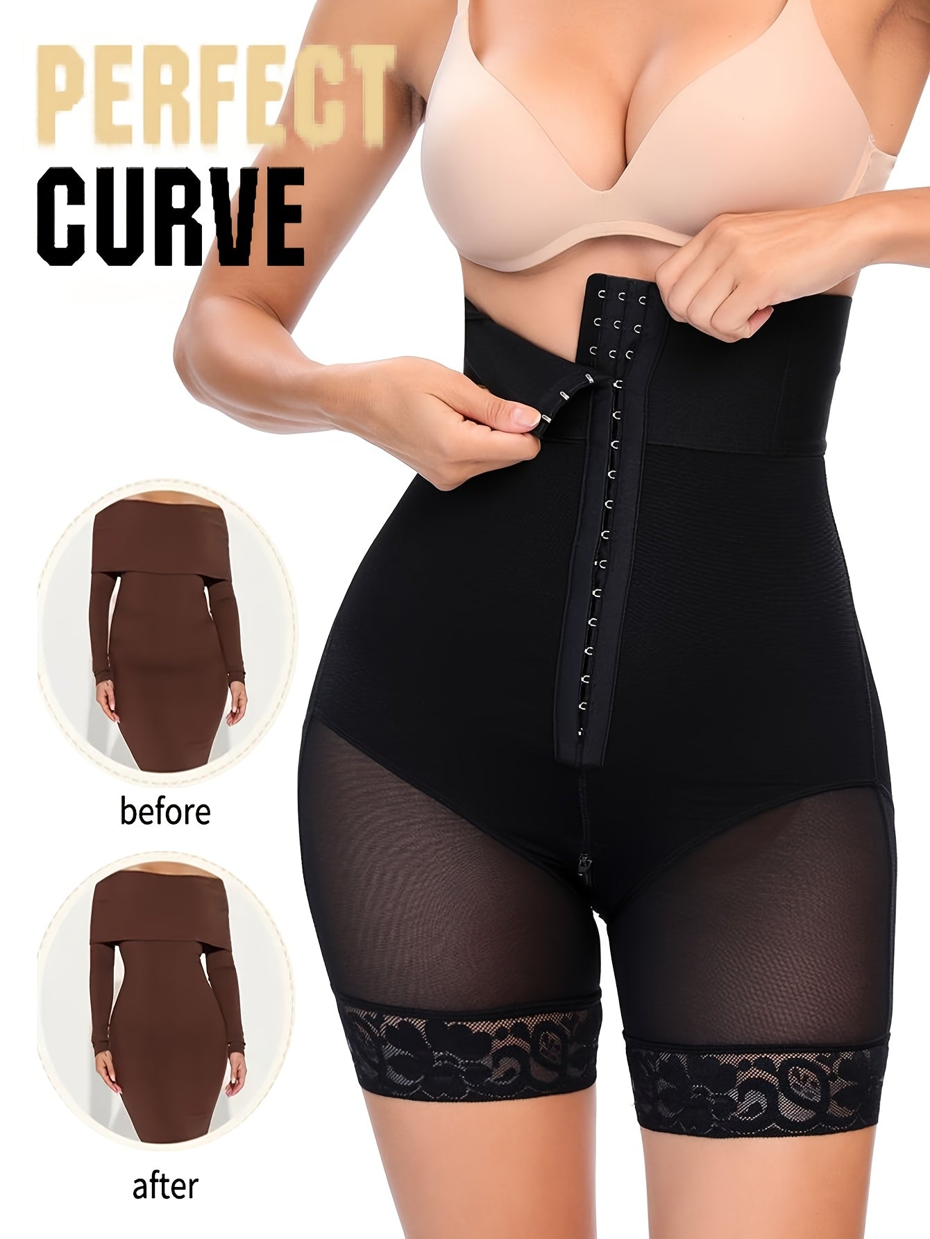 High waisted lace shapewear shorts for women, made of 69% nylon and 31% spandex knit fabric. Features contrast lace detail, no chest padding, and breathable slimming design for