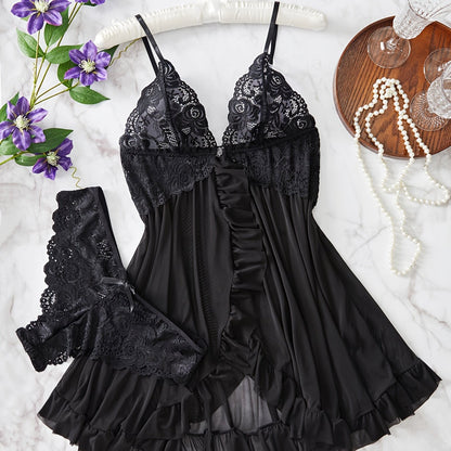 Sexy lace lingerie set with deep V split dress and thong.