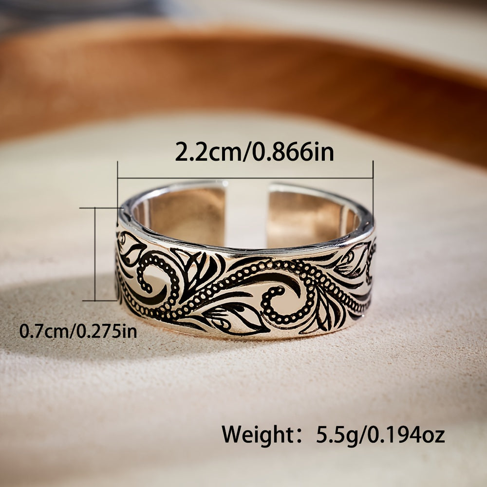 This elegant Bohemian-style 925 sterling silver ring features an adjustable fit and intricate paisley design. Ideal for both men and women, it is perfect for daily wear or special occasions. Weighing 5.5g, this ring is adorned with a leaf flower motif