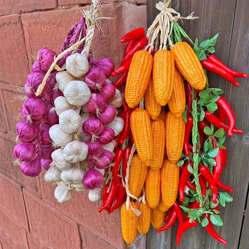 Artificial foam fruit set for Chinese-style photo props and restaurant decor, includes onion, garlic, corn, and red pepper.