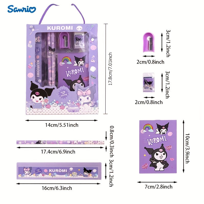 1 Set of Cartoon Stationery: Lightweight plastic ballpoint pen with round barrel, clip closure, medium point, includes ruler, pencil, and eraser. Cute school supplies.