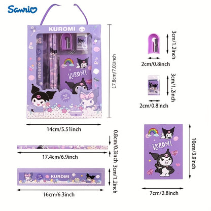 1 Set of Cartoon Stationery: Lightweight plastic ballpoint pen with round barrel, clip closure, medium point, includes ruler, pencil, and eraser. Cute school supplies.