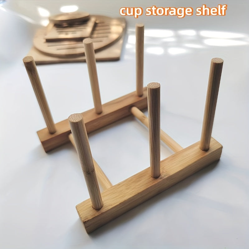 Bamboo tea set holders for cups, wooden storage rack for glasses, and dustproof cup shelves for a simple and natural household touch.