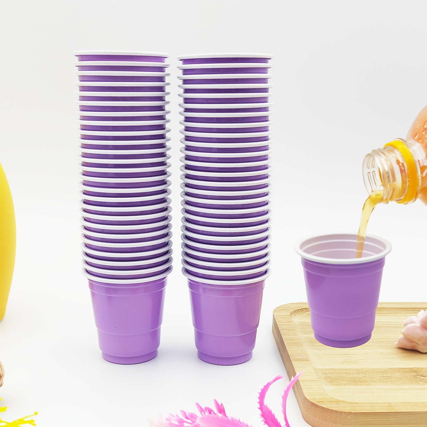 50 two-tone 2oz plastic party shot cups for various occasions like weddings, banquets, parties, and outdoor events.