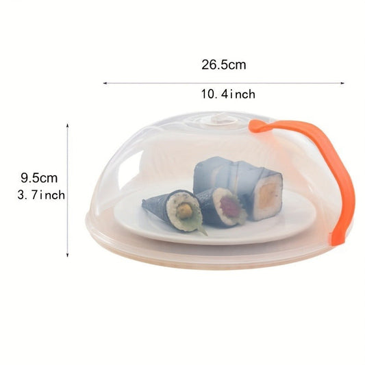 Professional and durable ABS microwave splatter guard, transparent with orange handle. Features steam vents for efficient cooking, keeping surfaces clean and safe. Ideal for home and commercial use, ensures spotless and safe food preparation.