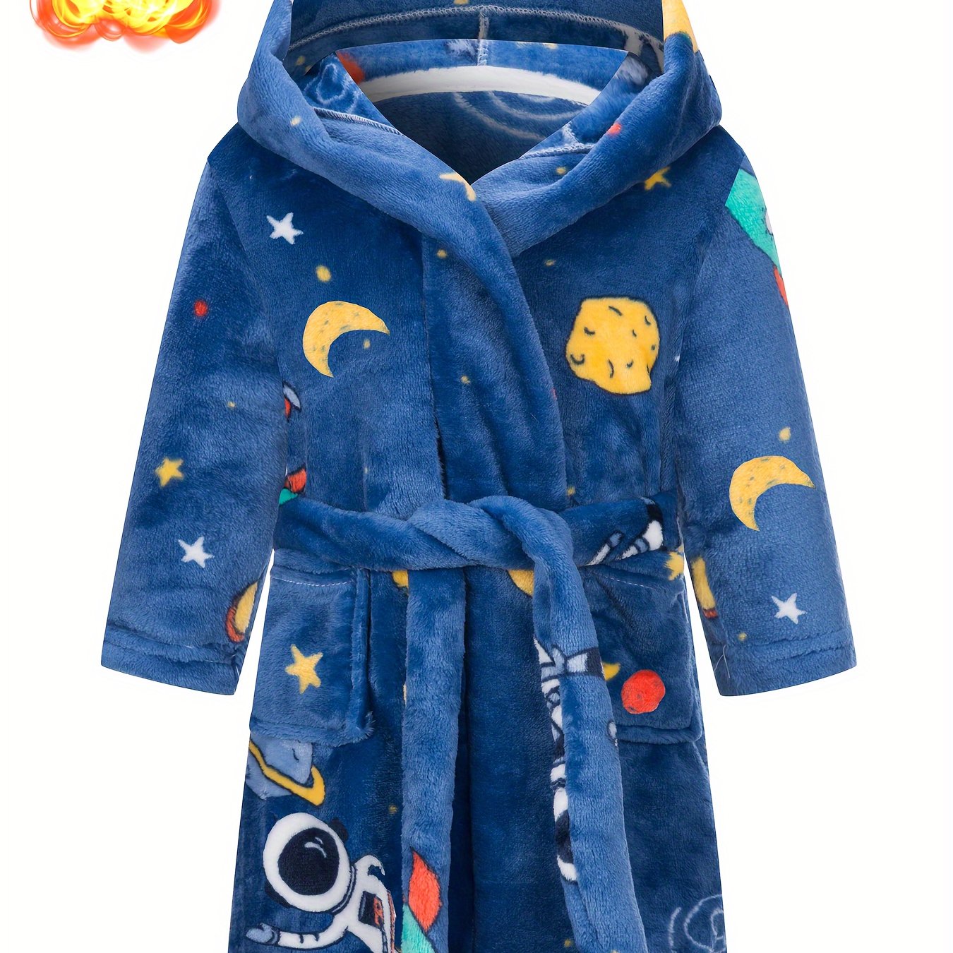 Soft and warm children's space-themed flannel bathrobe with astronaut and planets design, hood, and pockets. Ideal for ages 2-11, fire-resistant material perfect for young space