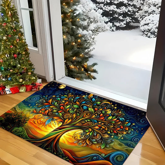 Lightweight, machine-washable polyester runner mat featuring a vibrant abstract tree design. Ideal for adding a touch of color to your kitchen, living room, bathroom, or office decor. Perfect for use as a washable area mat.