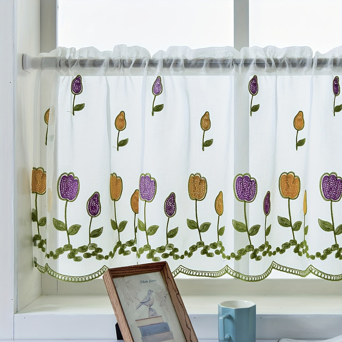 Embroidered sheer curtain valance for living room or cafe home decor, measuring 1 piece.