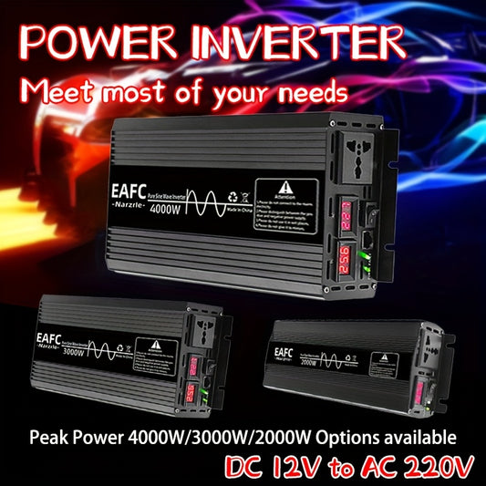 Car power inverter converts DC 12V to AC 220V without battery, with peak power options of 4000W, 3000W, and 2000W in pure sine wave.