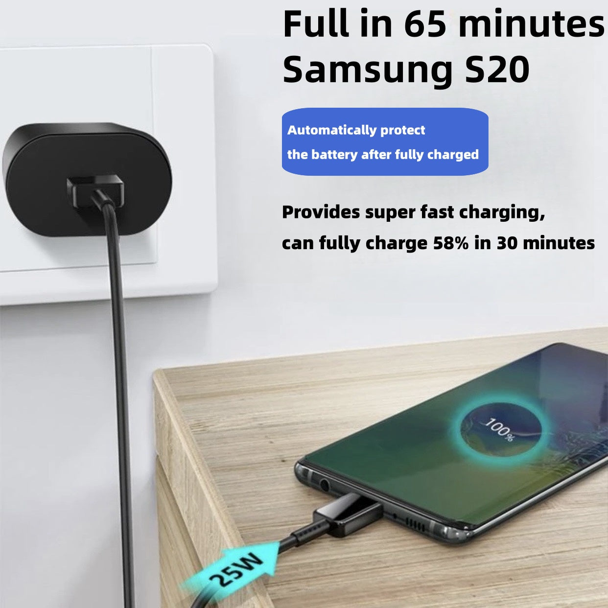 USB-C Fast Charger for Samsung Galaxy phones (S21, S22, S23, S24, Ultra, A54, A53, A34) with European standard plug. Includes universal power adapter, female to female connector, and Type C