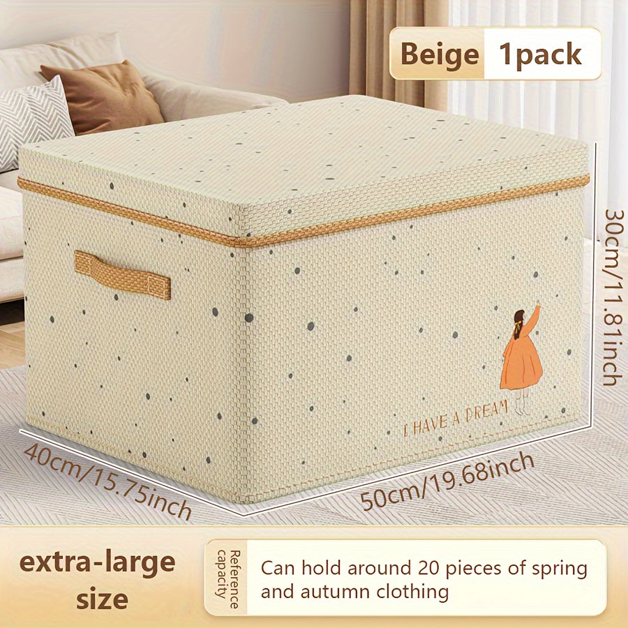 Stylish foldable fabric storage box with lid. Ideal for clothes, toys, and home organization in bedroom, living room, or dorm.