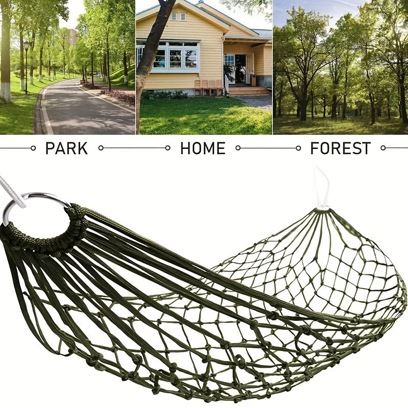 Portable hammock net with nylon rope and hooks, ideal for outdoor activities like camping, beach outings, and travel. Suitable for use in gardens, courtyards, and other outdoor spaces.