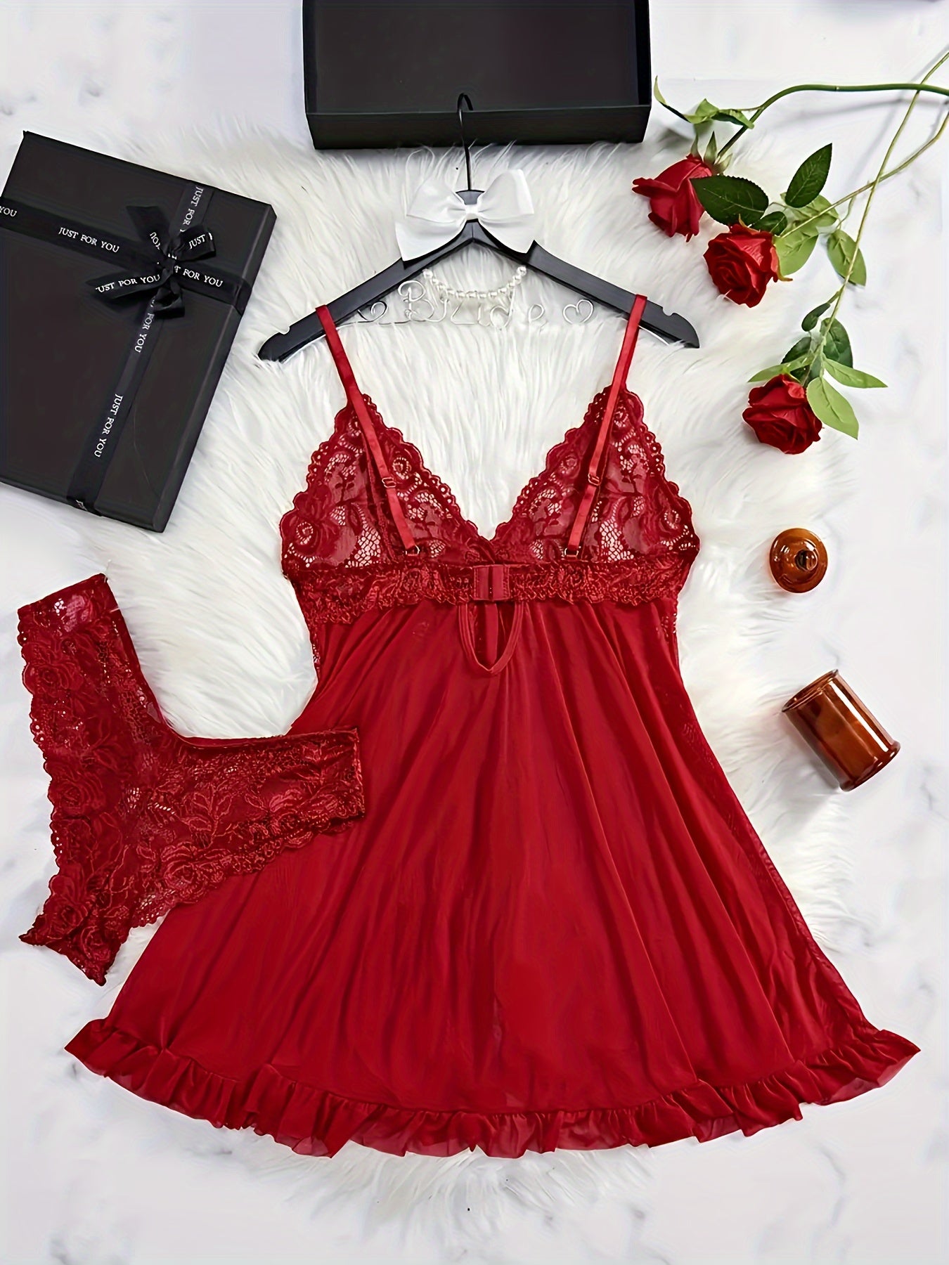 Valentine's Day lace lingerie set with deep V split skirt in plus sizes. Includes free panties and available in multiple colors.