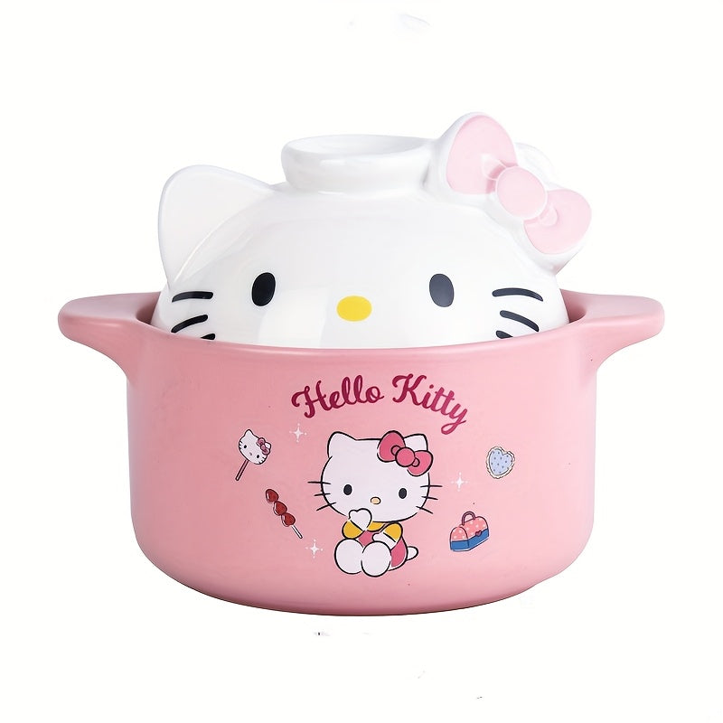 One Sanrio Hello Kitty Ceramic Cartoon Pot, Adorable Soup Crock with Lid, Multi-Purpose Stew Pot for Cooking, Baking, and Steaming - Charming Kitchen Cookware