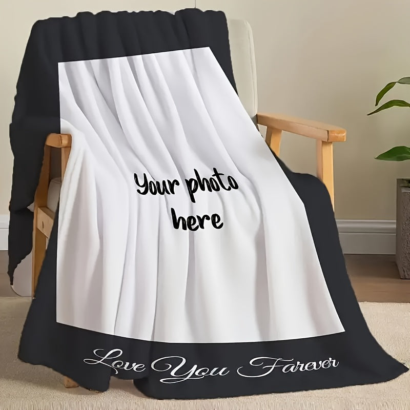 Personalize your space with our customizable photo flannel blanket. This contemporary style throw features a "Love You Forever" text and digital print, perfect for all-season use. Crafted from high-quality polyester with a woven craftsmanship, this