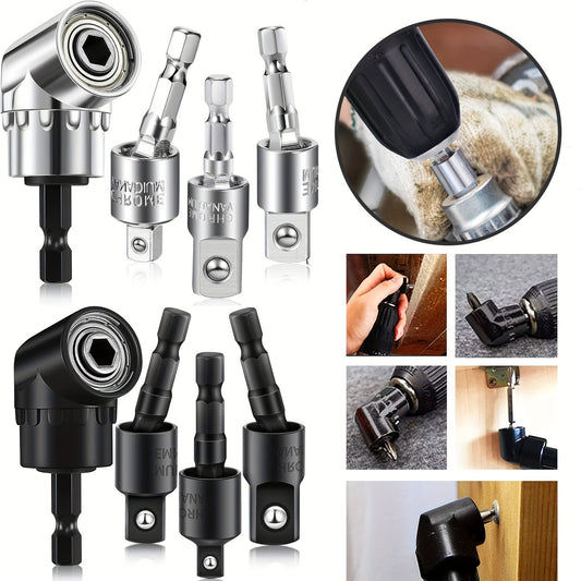 4pcs 360° Rotatable Hex Shank Impact Driver Socket Set, 105° Right Angle Screwdriver Holder - Black/Silver Chrome Vanadium Steel, Versatile Drilling Solution for Home Improvement and DIY