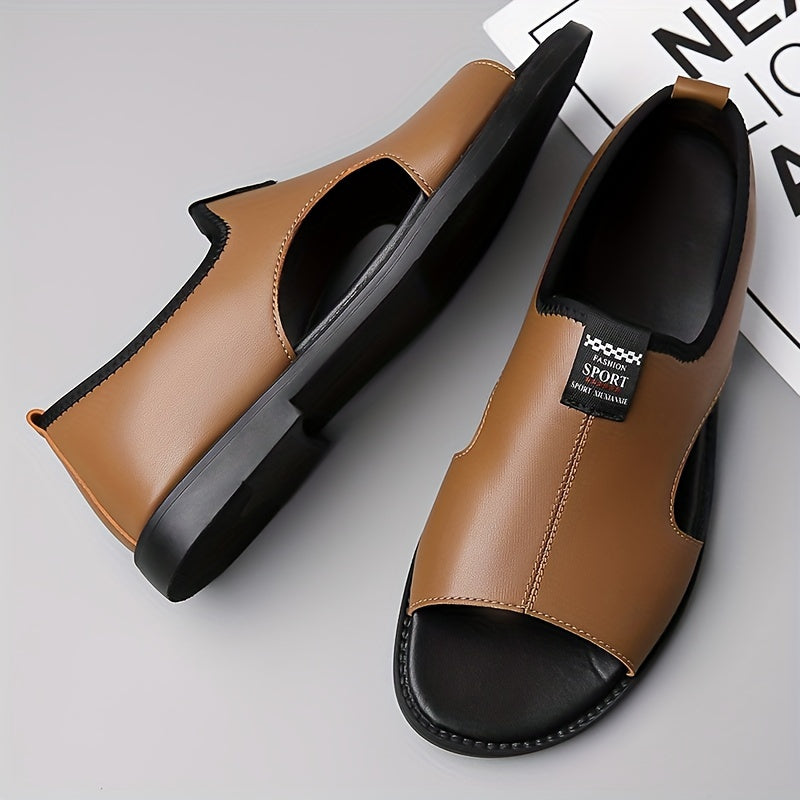 Breathable non-slip black slip-on sandals for men, ideal for summer. Made with synthetic upper and rubber sole. Perfect for casual wear, vacation, and driving.