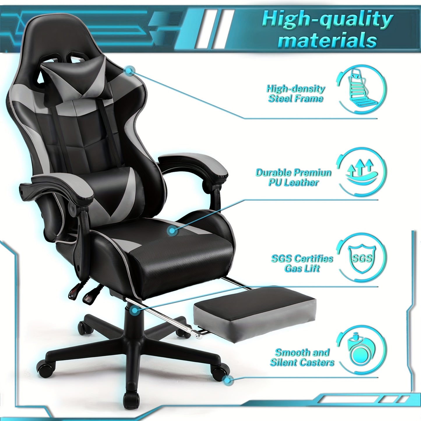 Ergonomic gaming chair with footrest, high back, adjustable headrest and lumbar support in white and black for home office.