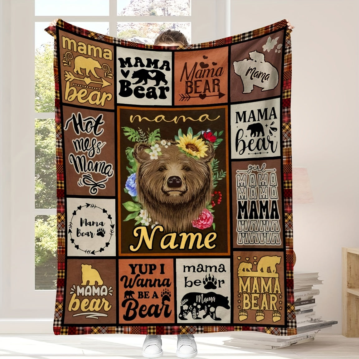 Gift the Mama Bear Throw Blanket to Mom - Reversible, Modern Design, Perfect for all Seasons, Easy to Clean, Vibrant Digital Print, Made of Polyester, Versatile Use, Adorable Animal Theme, Knitted Texture, Ideal for Mother's Day, Birthday, Thanksgiving