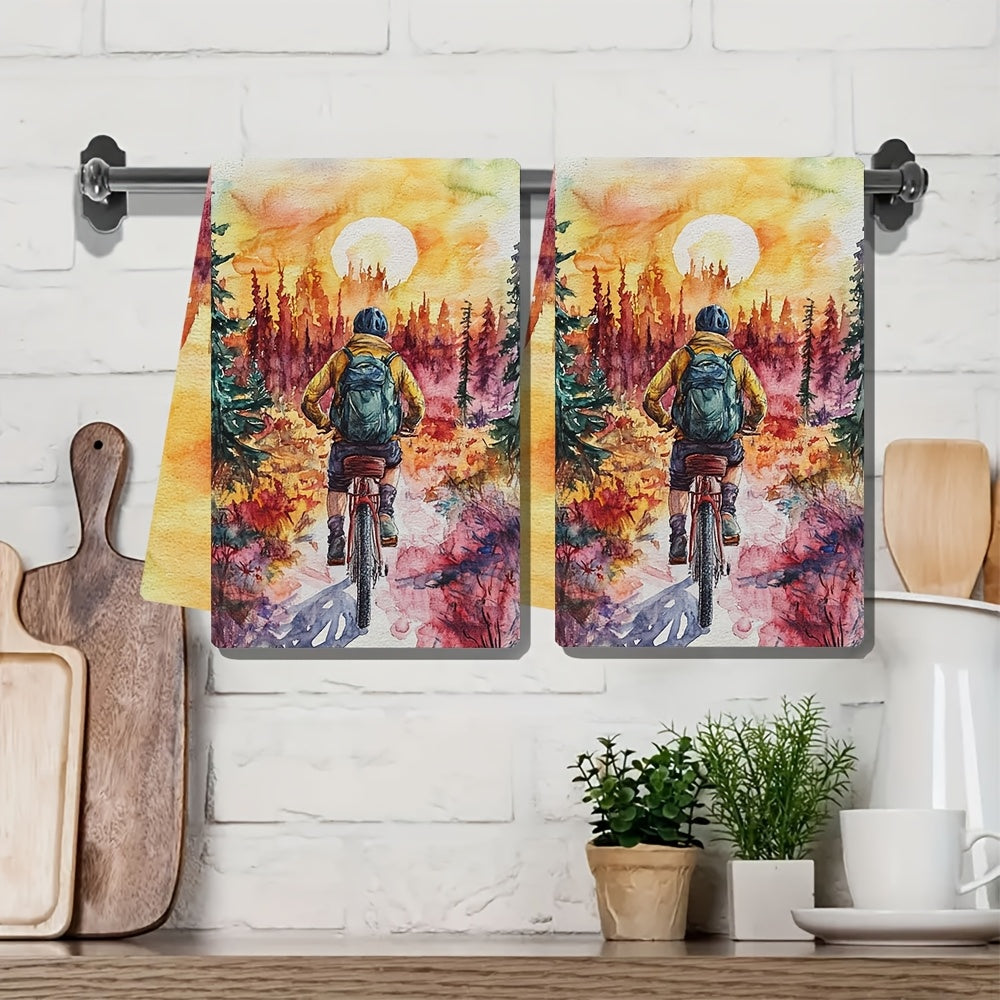 Set of 2 Ultra Soft Kitchen Towels featuring a Vibrant Bicycle Adventure Design, with High Absorbency and Machine Washable properties. Each towel measures 40.64x60.96 cm - Perfect for Holiday Decor. The Sunset Landscape Print adds a charming touch to