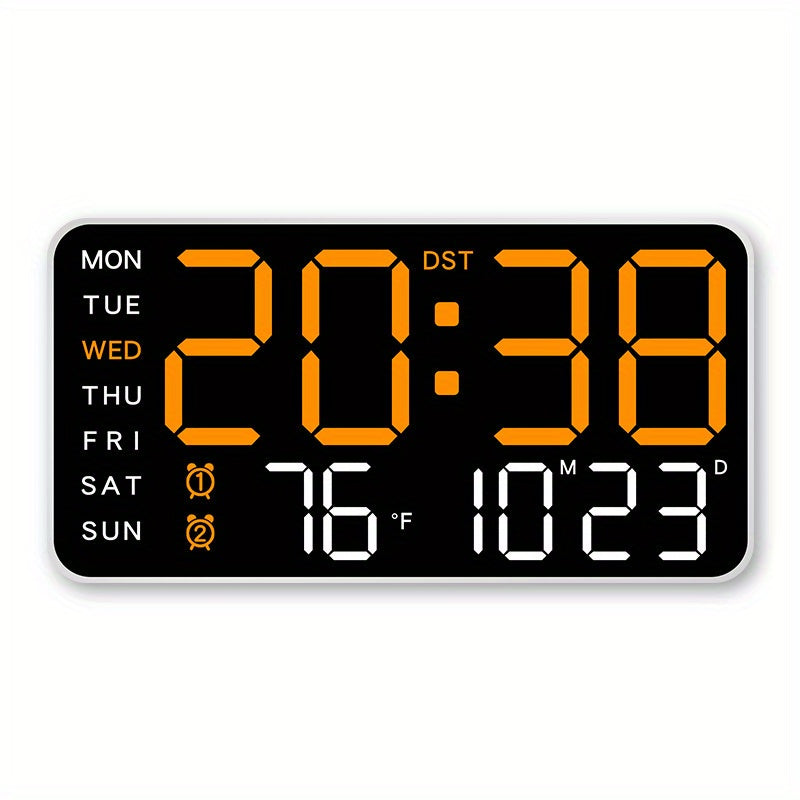 Voice controlled LED wall clock with dual alarms, USB powered, temperature display, adjustable brightness, and sleek black design for home and office.